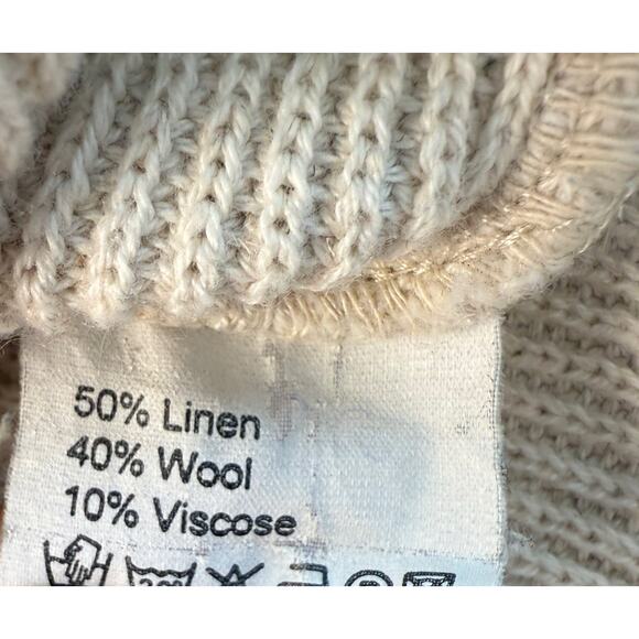 Cloda Linen Wool Cardigan Cream w/Slate Teal Trim Pockets Quiet Luxury Coastal M - Picture 7 of 7